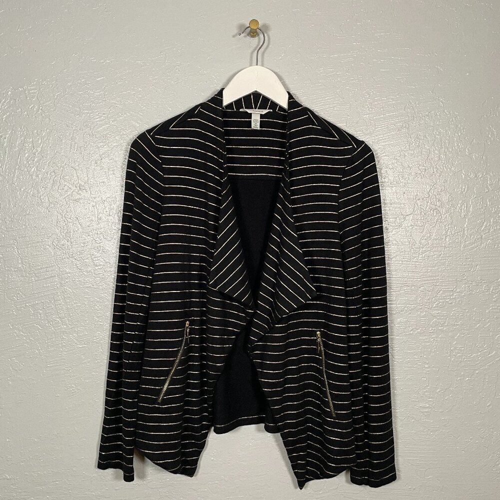 Soma Women M Black Gold French Terry Zipper Jacket Glitz Stripe Pockets Stretch